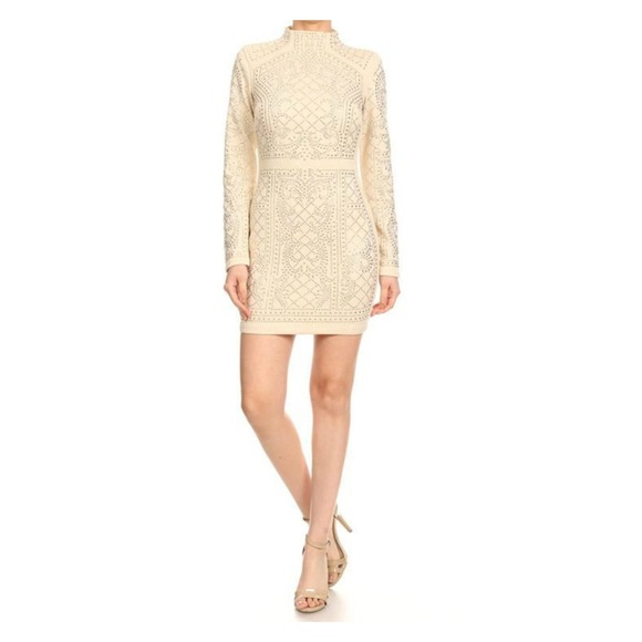 Va Va Voom Dresses & Skirts - VaVa Voom Beige Long Sleeve Rhinestone Glam Dress